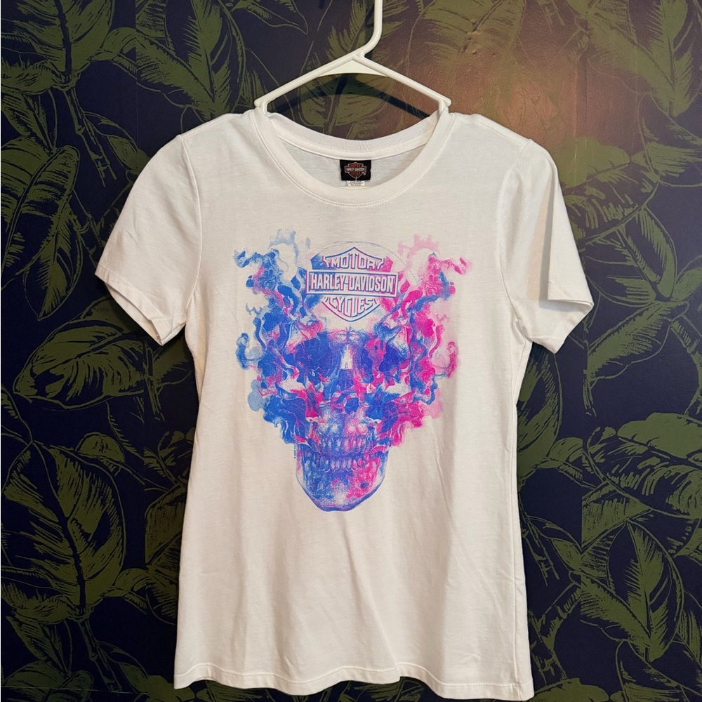 Harley-Davidson White Tee with Blue and Pink Design NWT